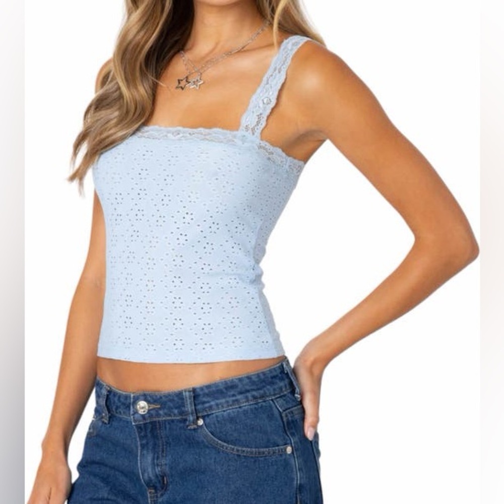 Edikted Virginia Lace Trim Eyelet Tank Top🩵 - Picture 4 of 6